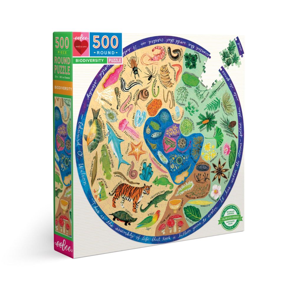 eeBoo 500-piece round biodiversity puzzle showing illustrated animals, insects, plants, and ocean life arranged in concentric circles on tan and blue background