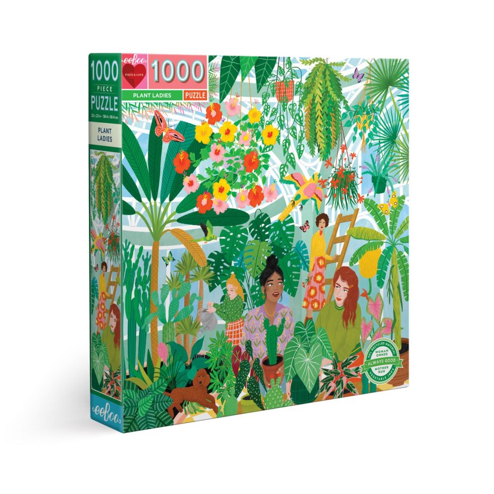 eeBoo Plant Ladies 1000-piece puzzle box showing illustrated women tending to lush green plants, hanging flowers, and potted succulents in a vibrant indoor gard