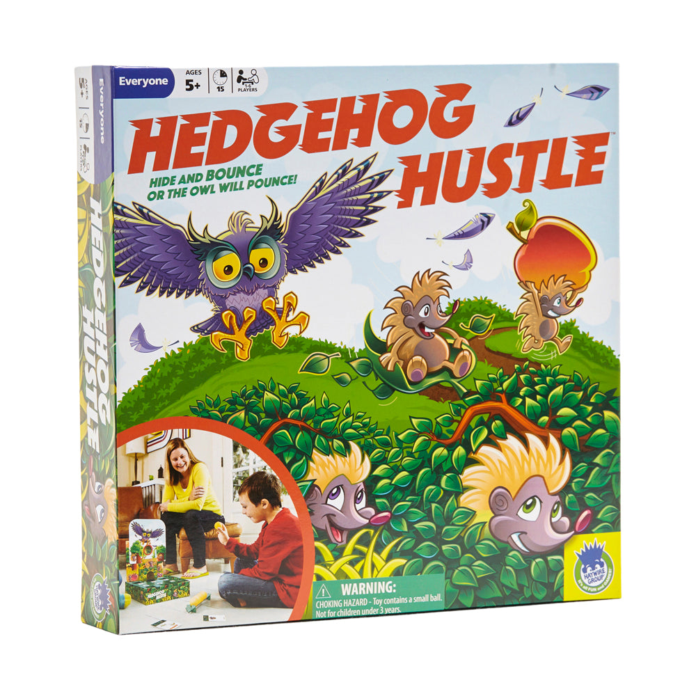 Hedgehog Hustle board game box showing purple owl, cartoon hedgehogs in green foliage, and two children playing on model
