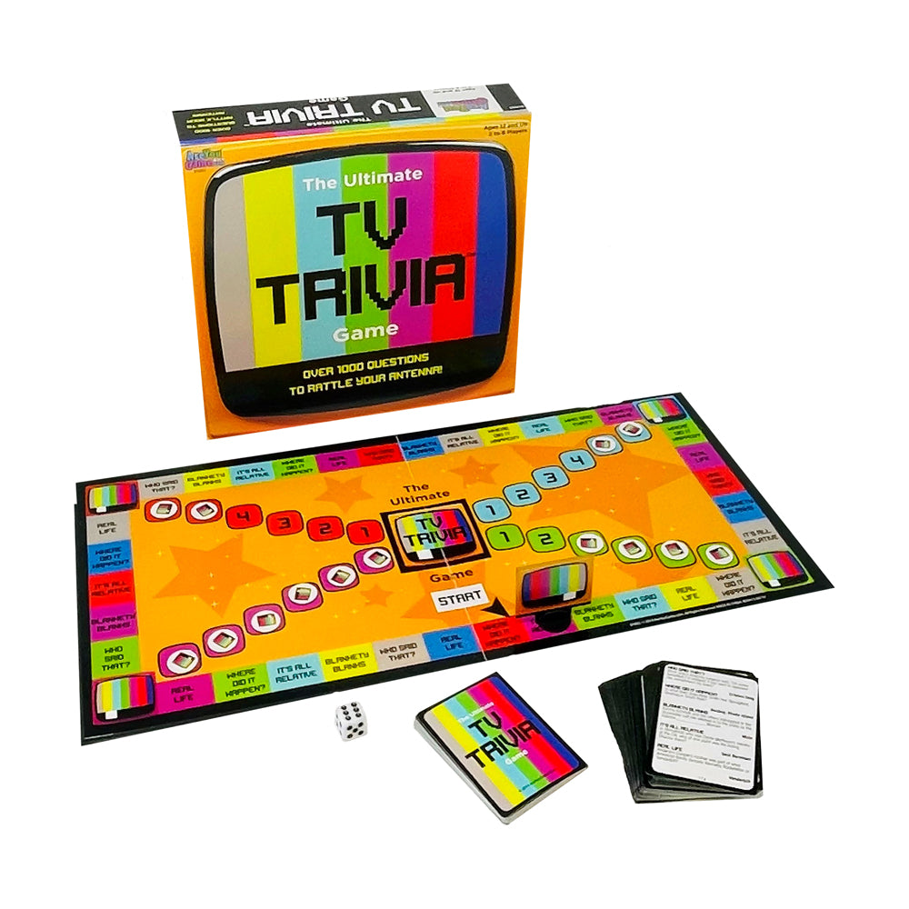 The Ultimate TV Trivia Game board game with colorful retro TV-style box, game board with circular spaces and TV trivia cards, dice, and question card deck