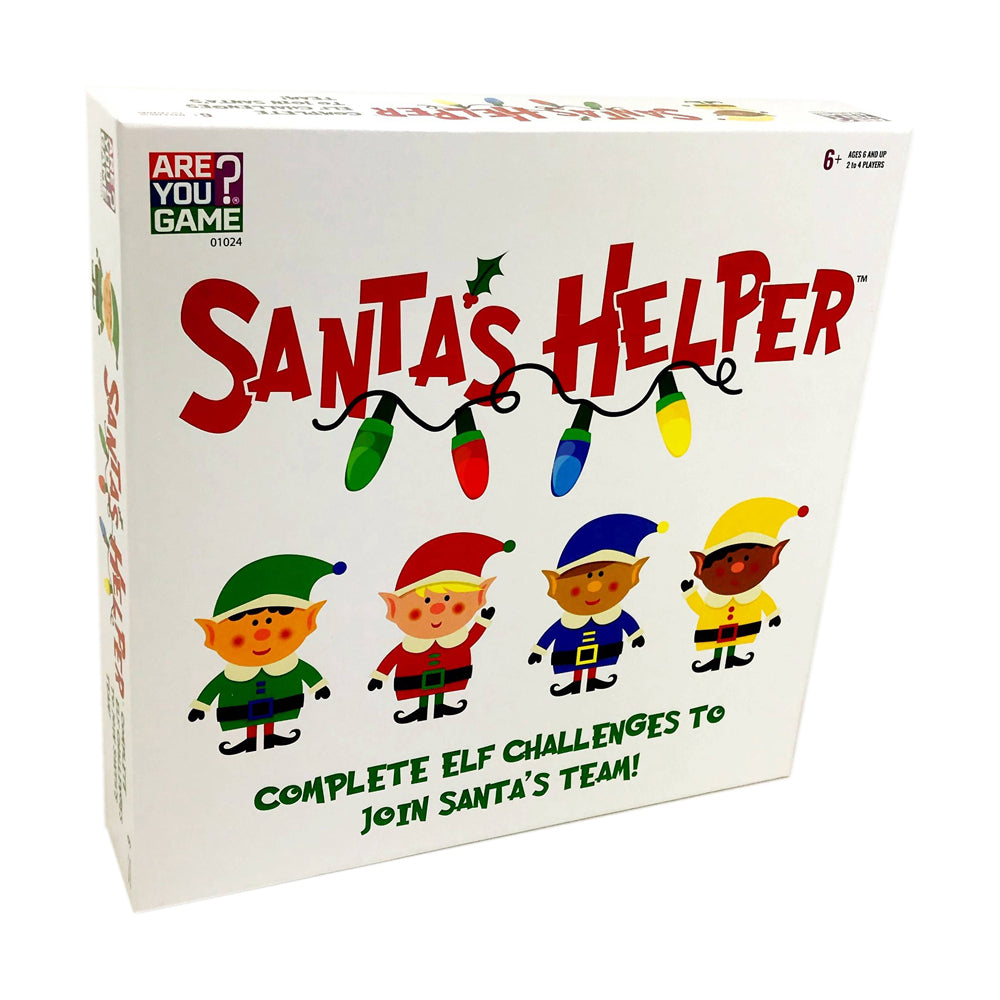 Santa's Helper board game box featuring four colorful elf characters and decorative Christmas lights, with text "Complete elf challenges to join Santa's team!"