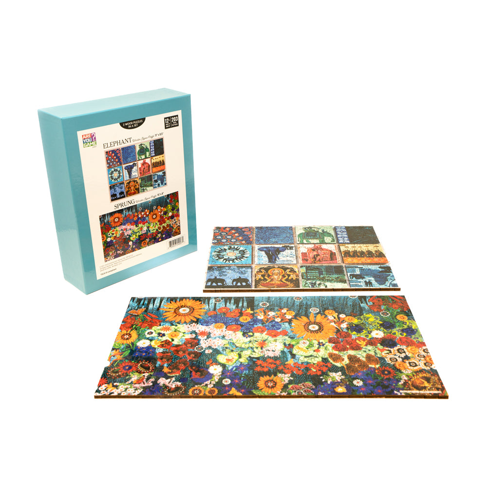 Elephant & Sprung Wooden Jigsaw Puzzle box and assembled puzzle pieces displaying colorful floral and animal patterns on turquoise packaging