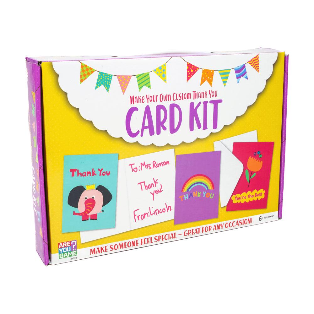 Make Your Own Custom Thank You Card Kit box showing colorful blank cards with examples including elephant, rainbow, and flower designs