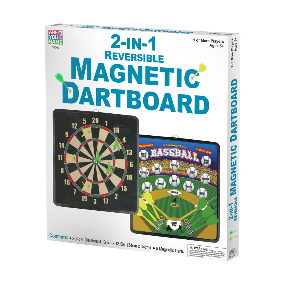 2-in-1 reversible magnetic dartboard with dartboard on one side and baseball game on the other, includes 6 magnetic darts