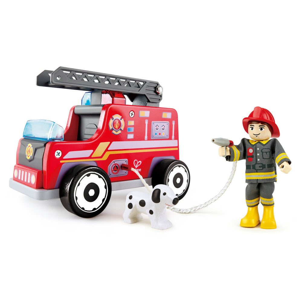 Red wooden fire truck with extendable black ladder, white and black spotted dalmatian dog figure, and firefighter action figure in red helmet and gear holding a