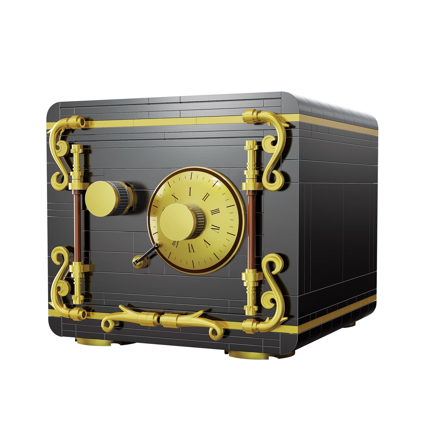 Dark gray and gold decorative building block safe with ornate gold handles, clock face with Roman numerals, and intricate steampunk-style details on plain backg