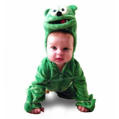 Infant modeled in green gummy bear costume with character face hood, arms, and legs, crawling position