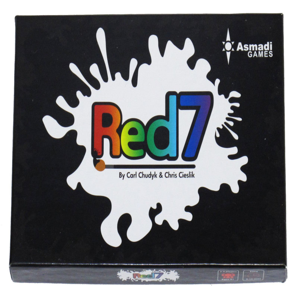 Red7 card game box by Asmadi Games featuring colorful title text on white splash design against black background