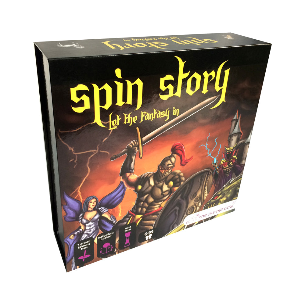 Spin Story board game box featuring fantasy artwork with armored warrior, winged fairy, and dark castle against fiery orange sky