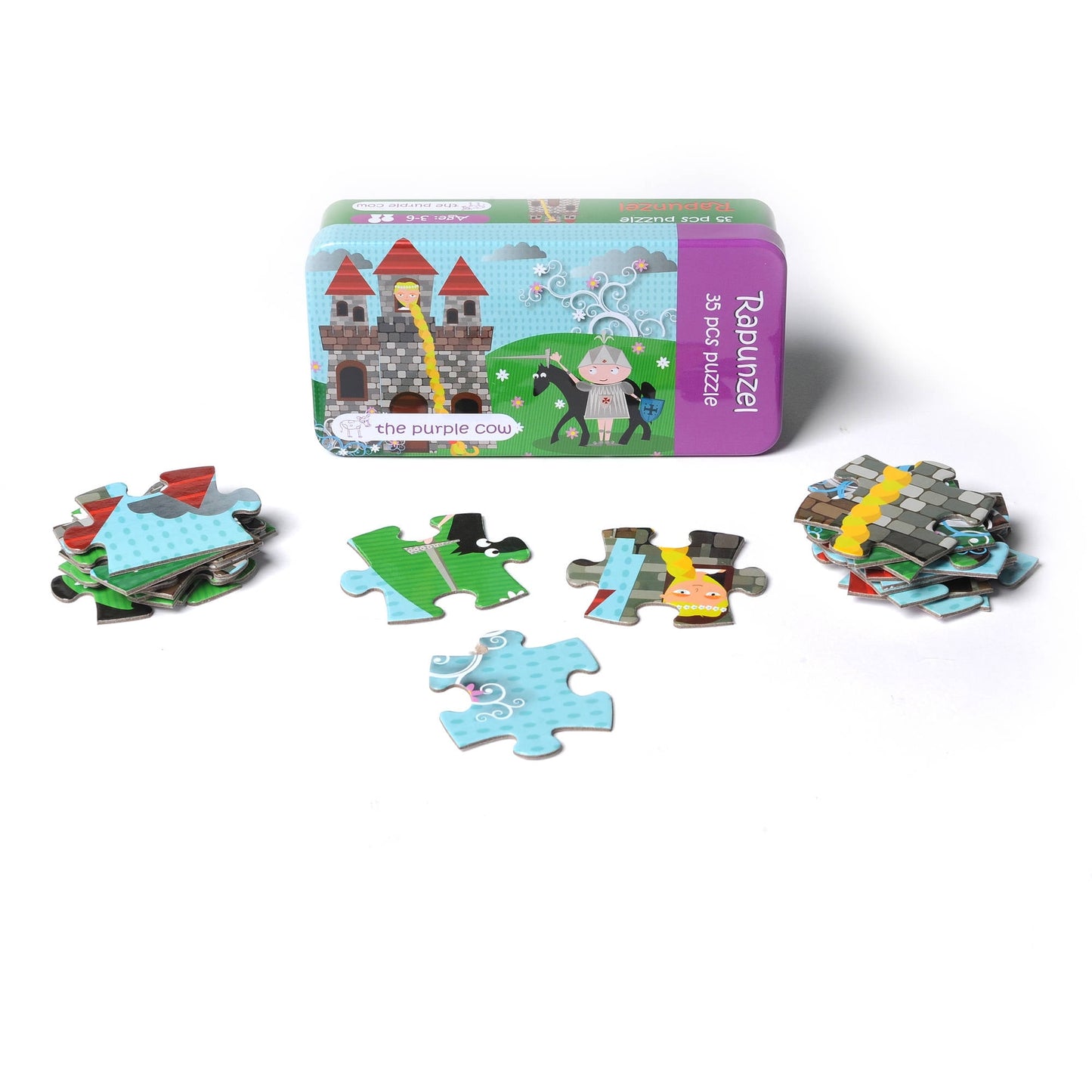 The Purple Cow Fairy Tale Rapunzel 35-piece jigsaw puzzle with tin box showing castle, girl with long hair, and scattered puzzle pieces displayed on white backg