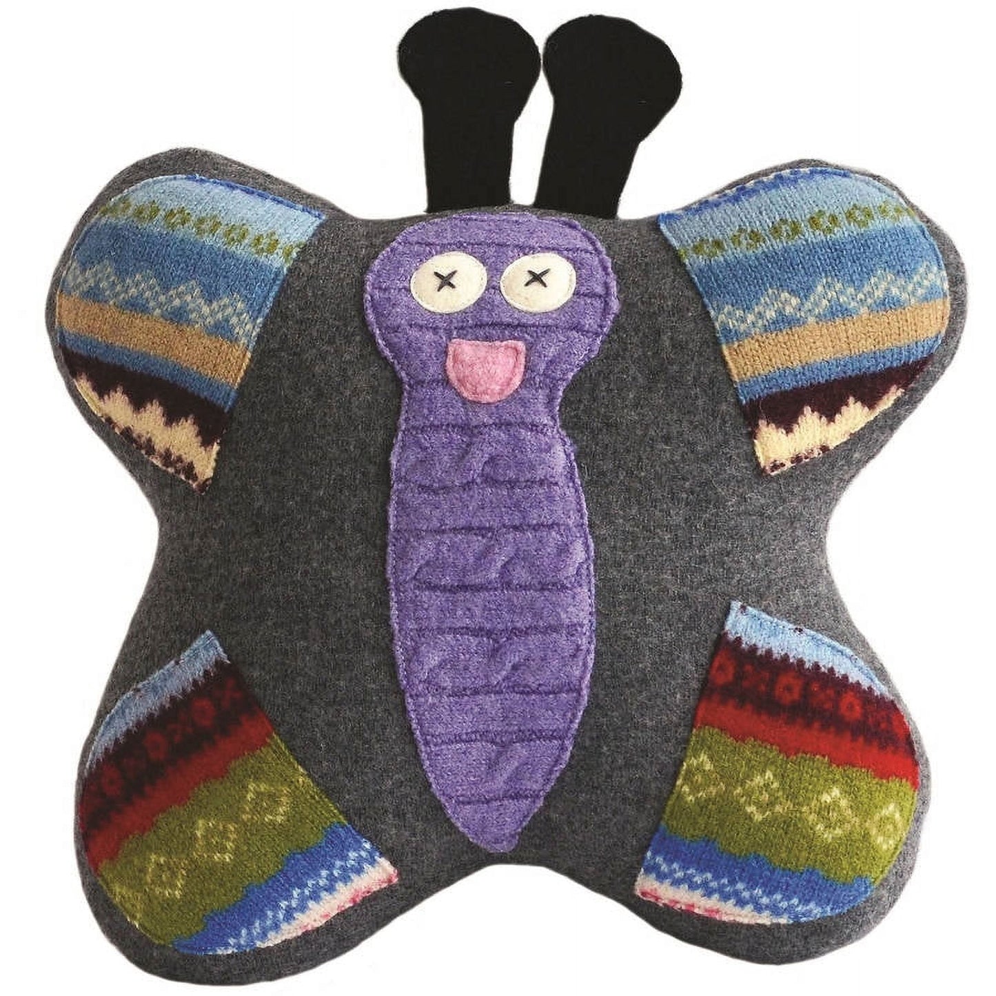 Purple and gray plush butterfly pillow with colorful striped wings, X eyes, and pink tongue on plain background