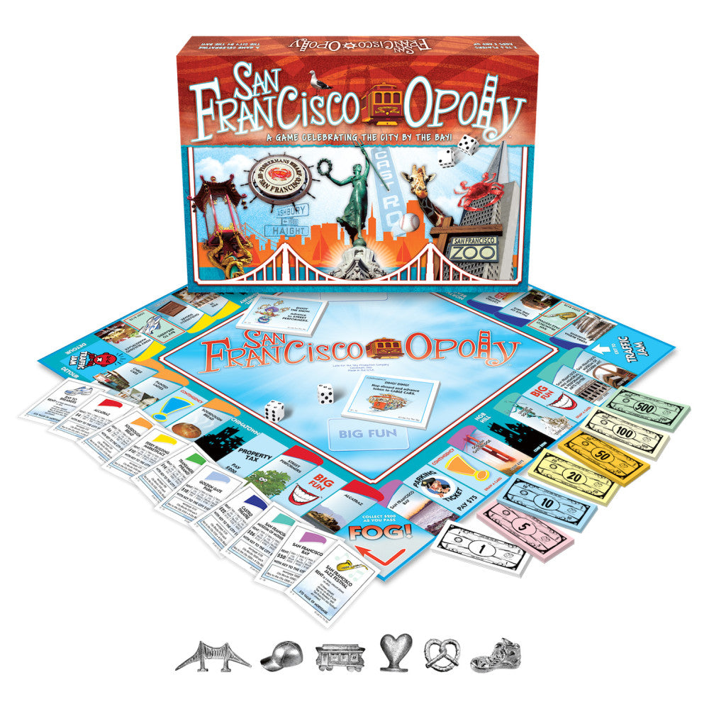 San Francisco-opoly board game with box, game board, player tokens, dice, property cards, and colorful money bills displayed