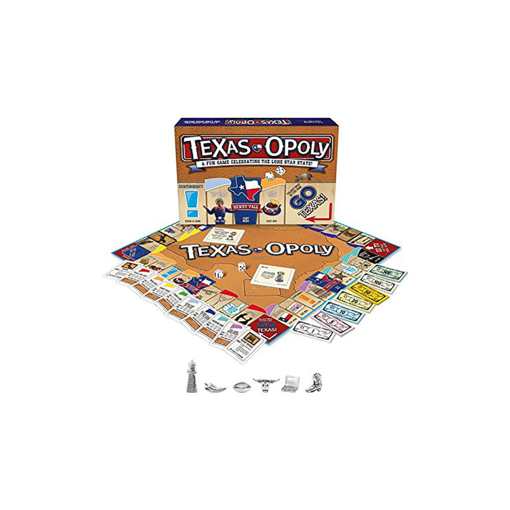 Texas-opoly board game with box, game board, cards, dice, and metal player tokens displayed