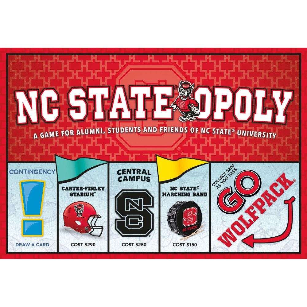 NC State-Opoly board game box showing game title, NC State Wolfpack mascot, and sample properties including Carter-Finley Stadium, Central Campus, and NC State