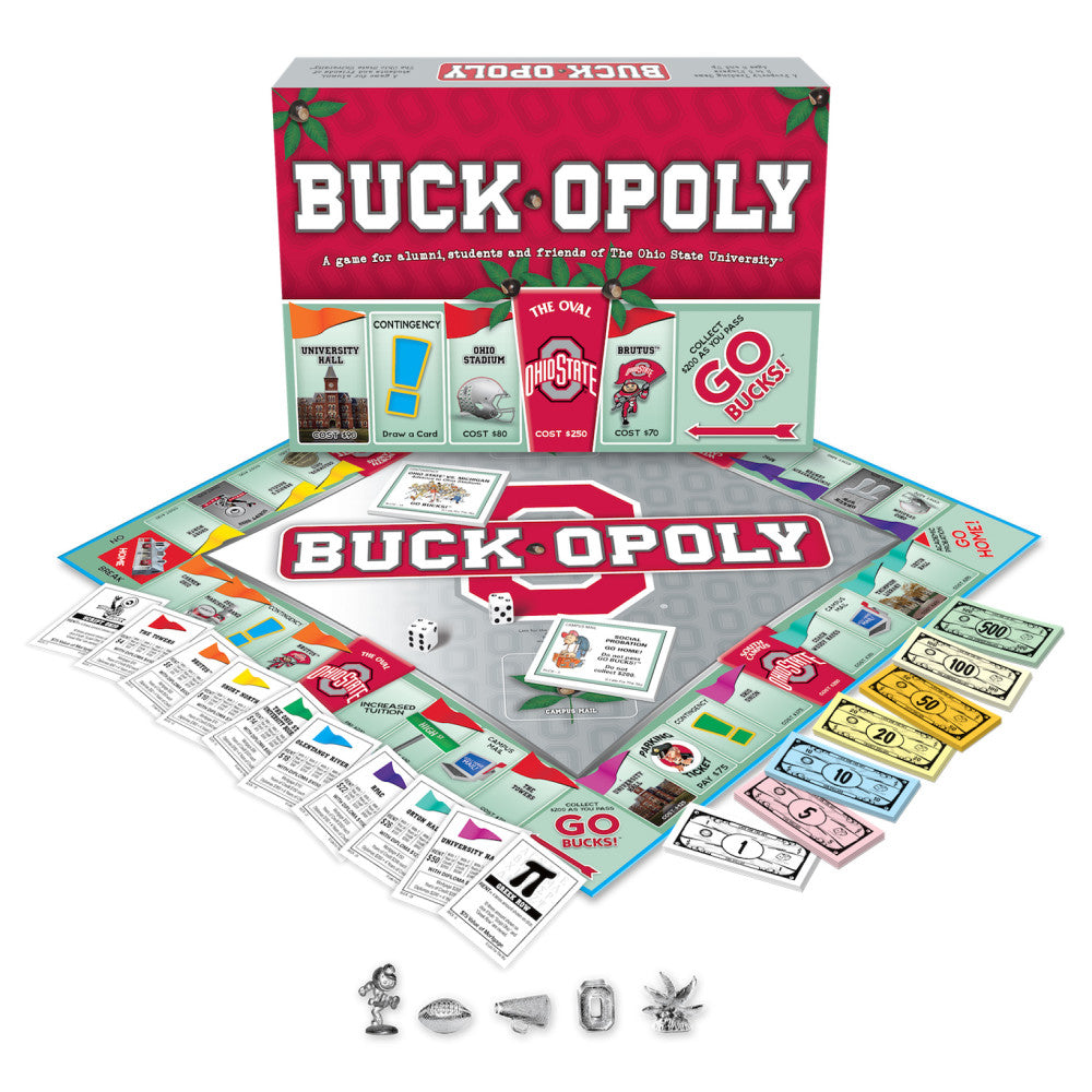 Buck-Opoly board game box and contents displayed, showing game board with Ohio State branding, property cards, player tokens, dice, and colorful play money feat