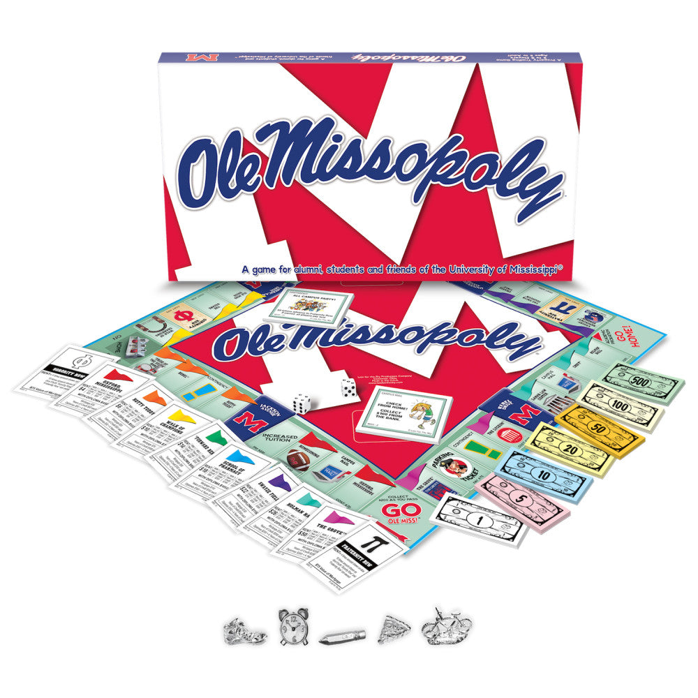 Ole Miss-opoly board game box and contents displayed, including game board, property cards, play money in denominations from $1 to $500, dice, and game pieces f