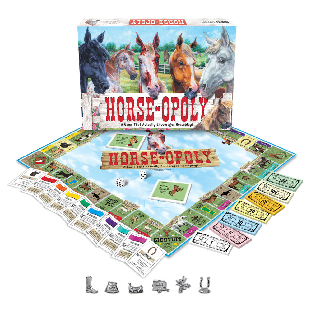 Horse-Opoly board game box and contents displayed, including game board with horse-themed properties, colorful play money, dice, metal tokens shaped like horses