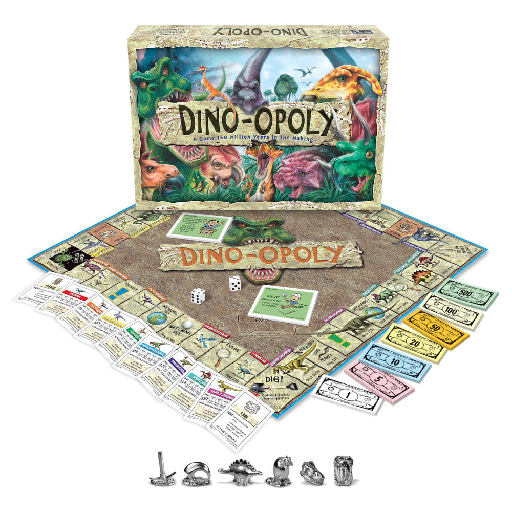 Dino-Opoly board game with dinosaur-themed box, game board, colorful play money, dice, dinosaur tokens, and property cards displayed