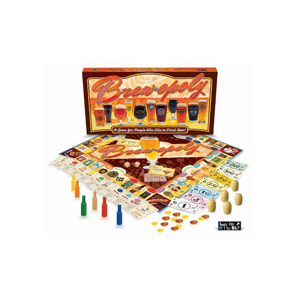 Brew-Opoly board game box open showing game board, beer-themed cards, wooden tokens, colored bottle game pieces, and play money