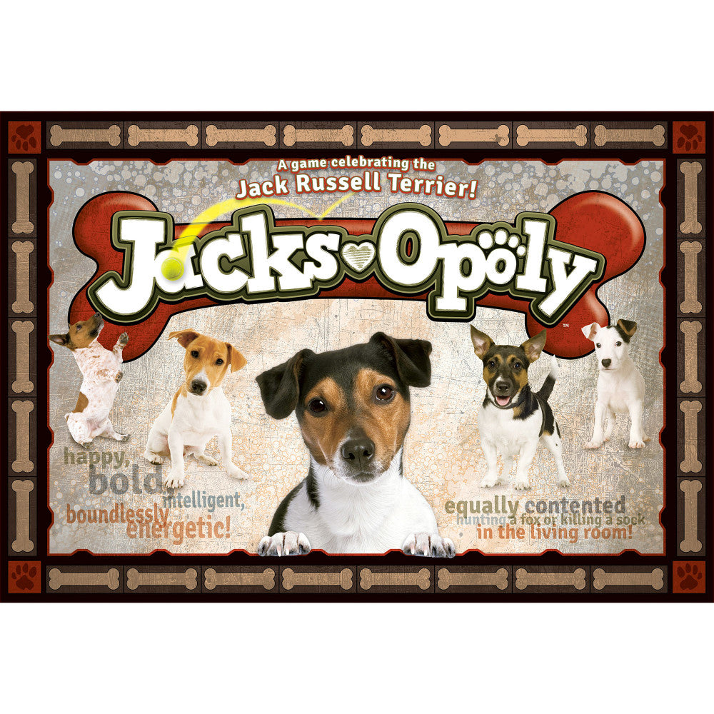 A game celebrating the Jack Russell Terrier! Jacks-Opoly board game box showing five Jack Russell Terriers and game title with bone-themed border