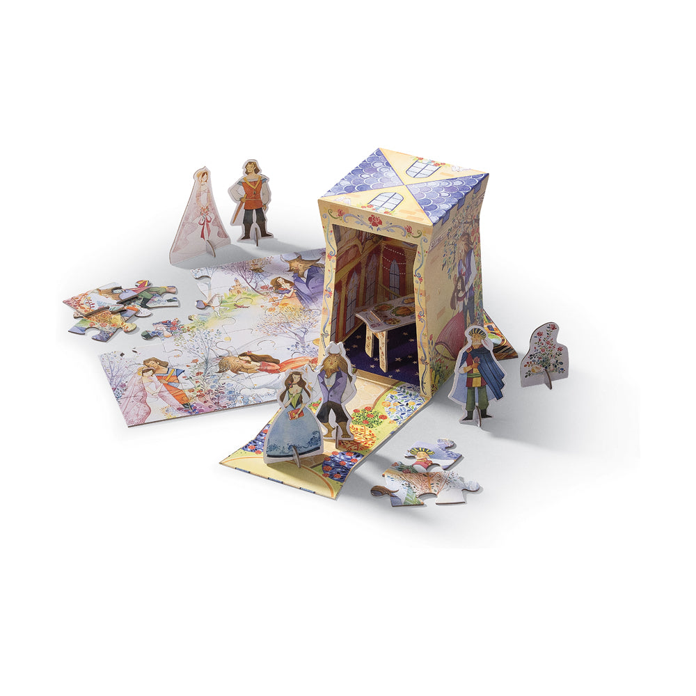 Beauty and the Beast 36-piece puzzle set with cardboard castle playset, character figurines, and illustrated puzzle pieces on white background