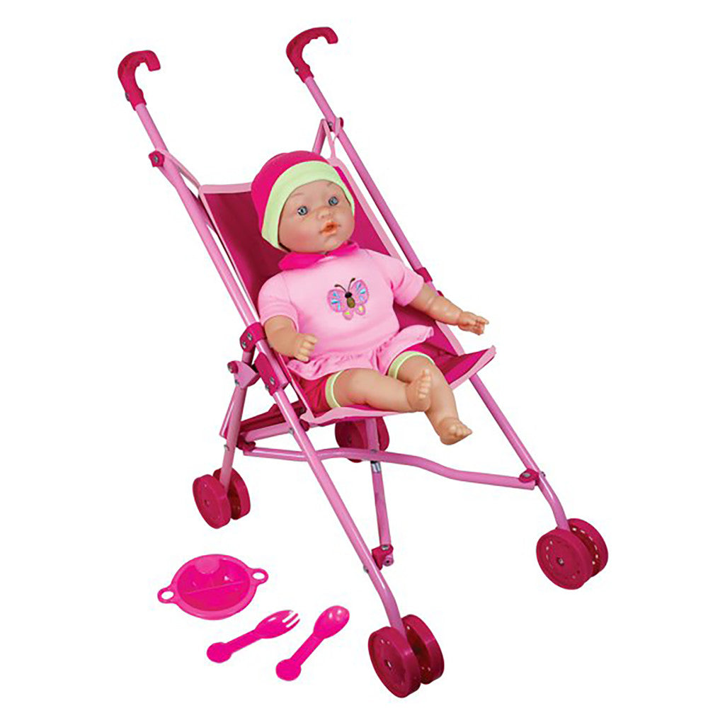 Baby doll with pink outfit and hat seated in pink and magenta umbrella stroller with included plate, fork, and spoon accessories
