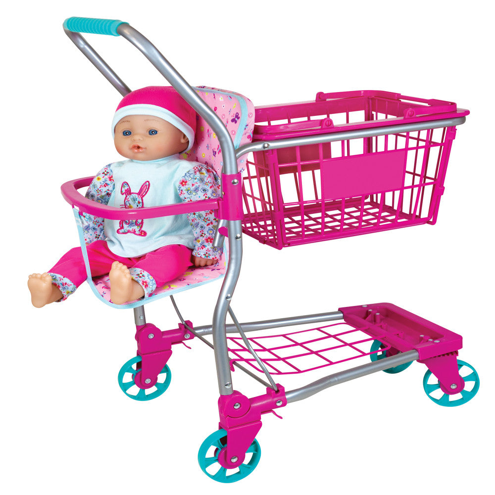 Baby doll wearing pink and white outfit with floral sleeves and matching hat, seated in pink and turquoise shopping cart with silver handle and dual baskets