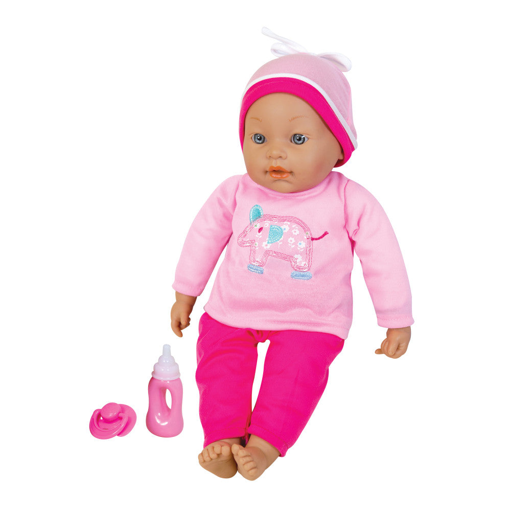 Baby doll wearing pink long-sleeve shirt with elephant design, hot pink pants, and pink-and-white bonnet, with bottle and pacifier accessories