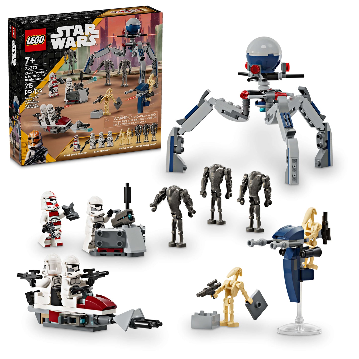 LEGO Star Wars Clone Trooper & Battle Droid Battle Pack 75372 set with box, buildable droid figure, Clone Trooper minifigures, Battle Droid minifigures, and sma
