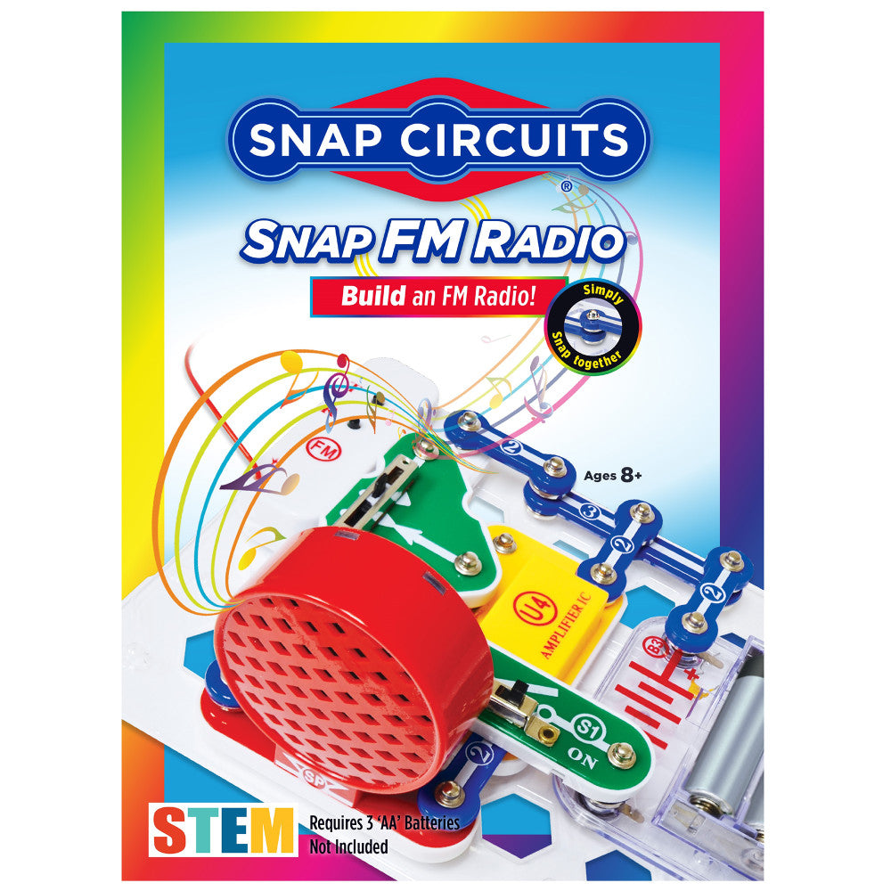 Snap Circuits FM Radio building kit box showing colorful snap-together circuit components including red speaker, green and blue circuit boards, and metal snaps