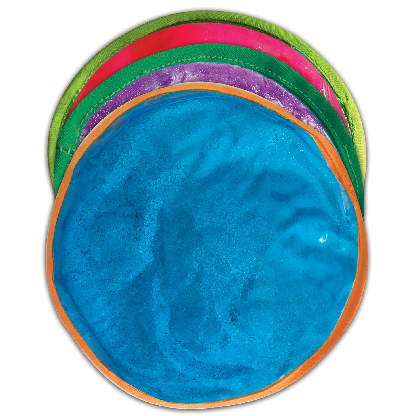 Colorful sensory disc with layered rings in blue, orange, purple, green, pink, and lime green, textured surface for tactile play
