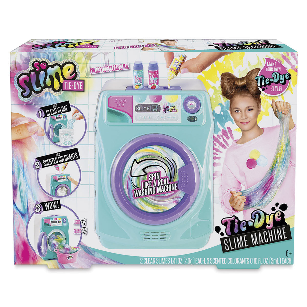 So Slime DIY Tie-Dye Slime Set with turquoise washing machine toy, featuring clear slimes, scented colorants, and tie-dye styling accessories modeled by a child