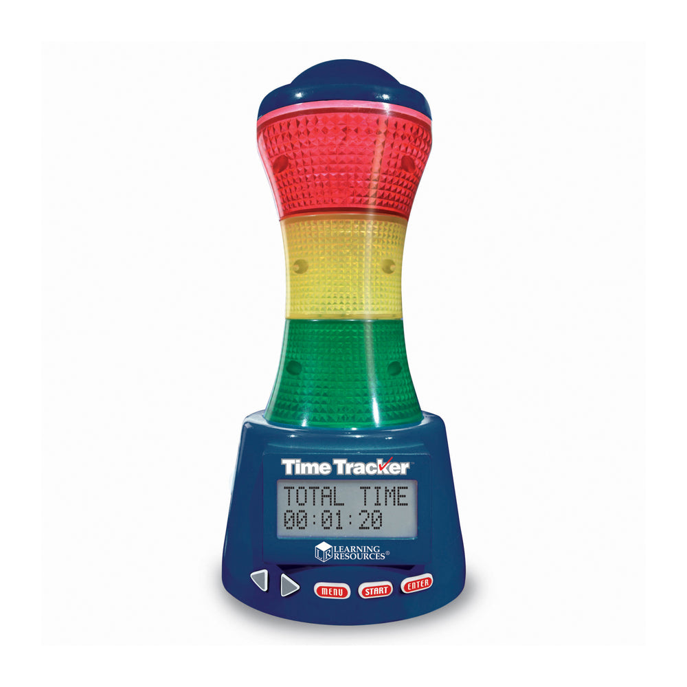 Learning Resources Time Tracker visual timer with dark blue base, LCD display showing total time, and stacked red, yellow, and green light chambers at top