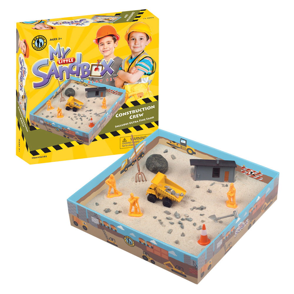 My Little Sandbox Construction Crew play set with yellow box and open sandbox tray containing ultra fine sand, yellow dump truck, construction worker figures, t