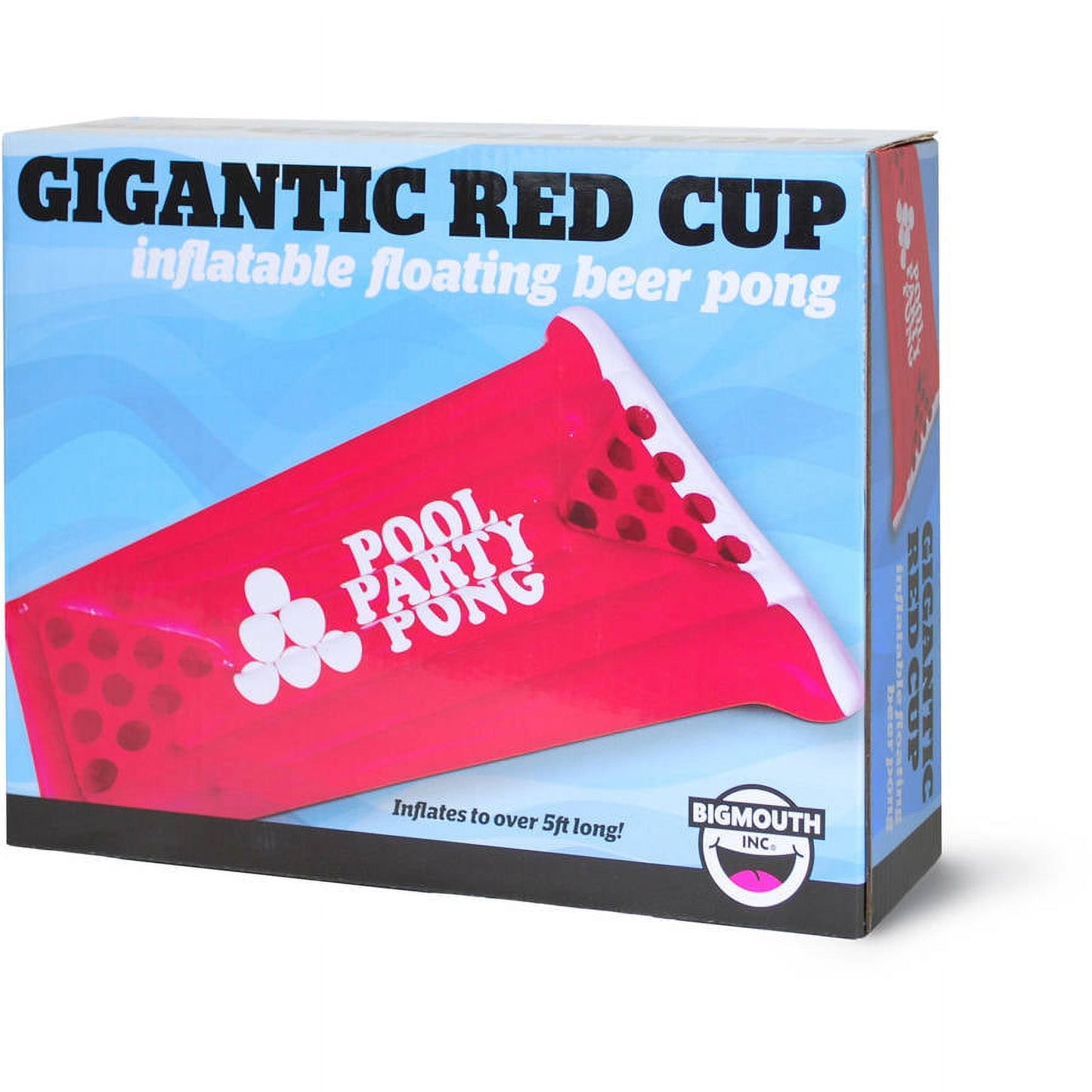 Gigantic Red Cup inflatable floating beer pong, red with white polka dots and Pool Party Pong logo, inflates to over 5ft long
