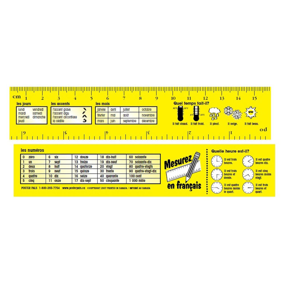 French vocabulary learning bookmark with ruler, days of week, months, numbers 0-1000, weather phrases, and telling time examples in French