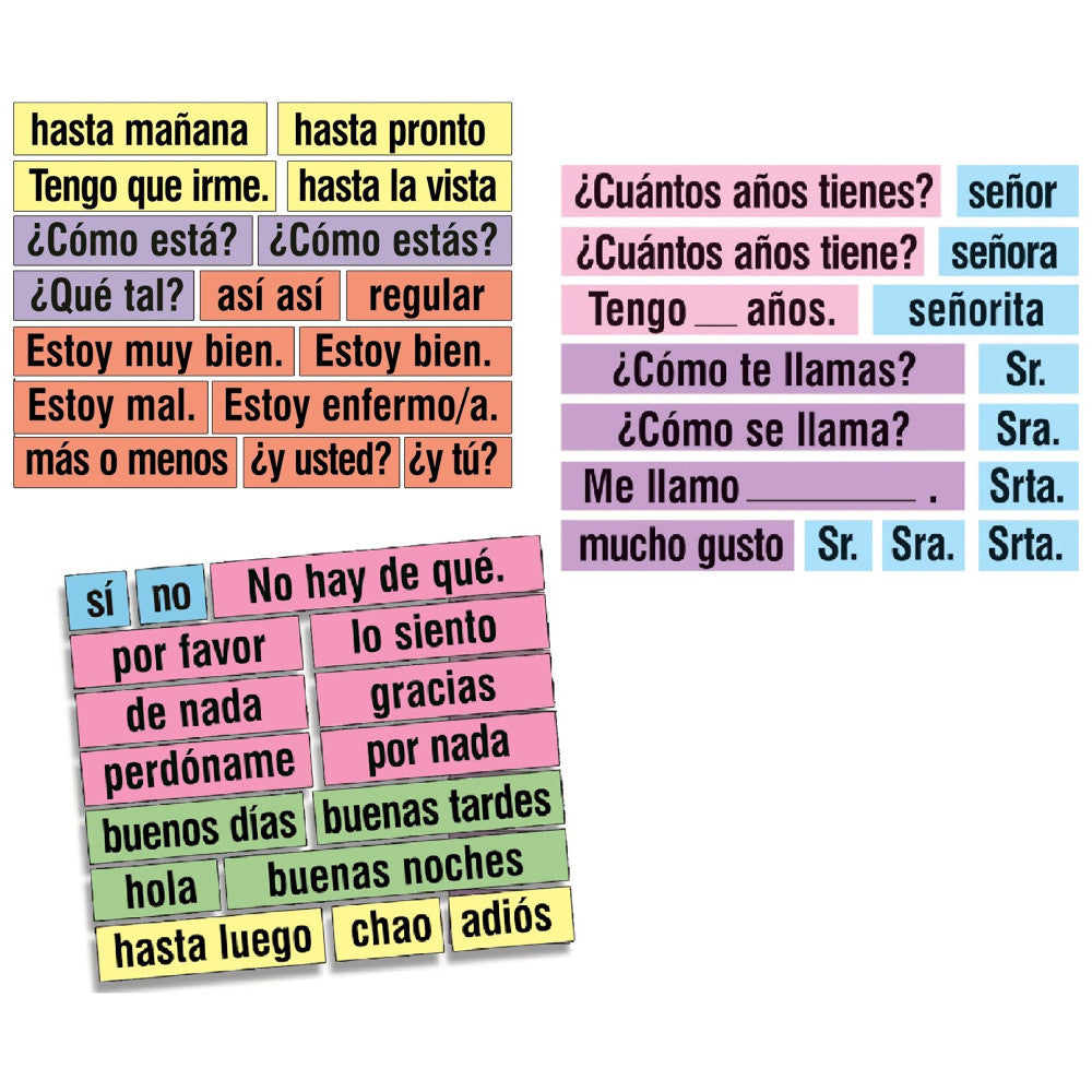 Poster Pals Spanish Vocabulary Teaching Cards set showing colorful flash cards with common Spanish phrases and greetings organized by category