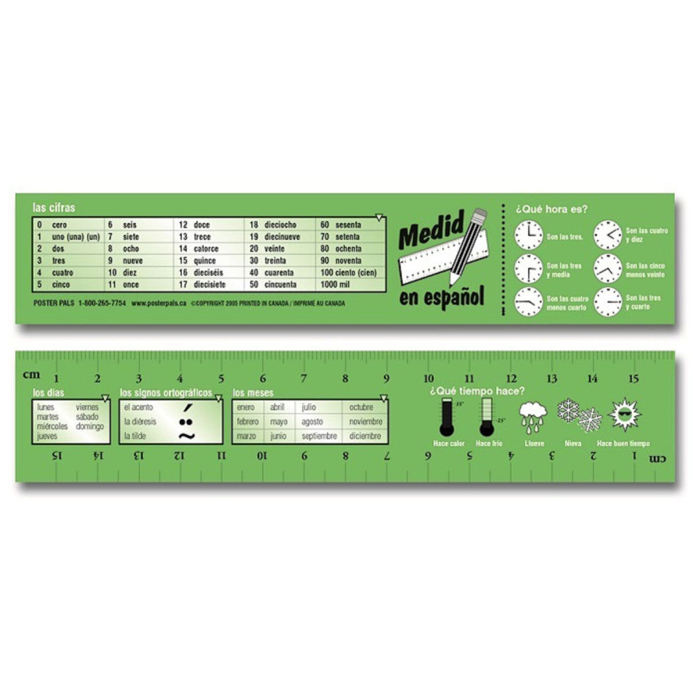Two green Spanish vocabulary learning bookmarks showing numbers, days, months, weather, time, measurements, and orthographic signs with ruler measurements and c
