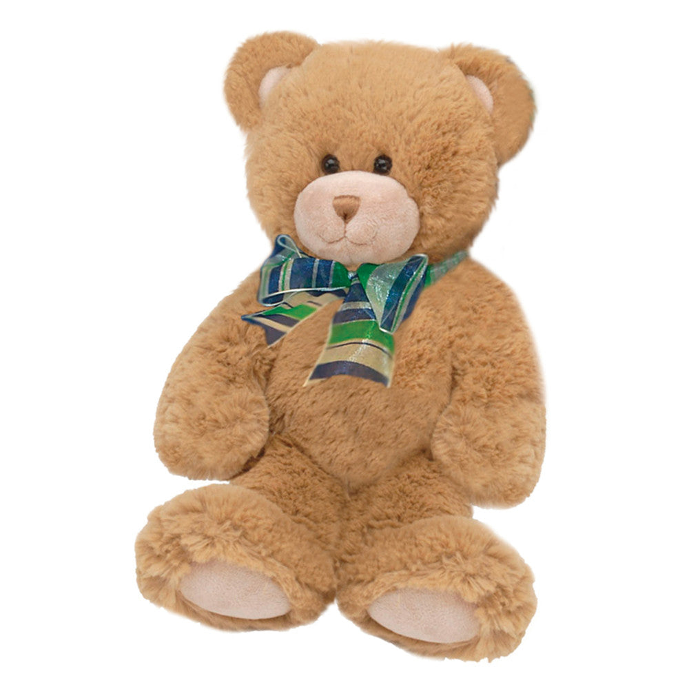 Tan plush teddy bear with cream muzzle and inner ears, wearing a blue and green plaid bow tie