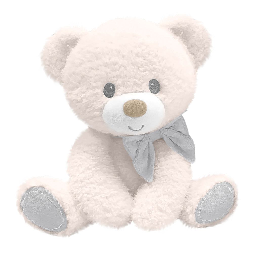 Cream-colored plush teddy bear with gray inner ears, paw pads, and embroidered eyes and smile, wearing a gray ribbon bow