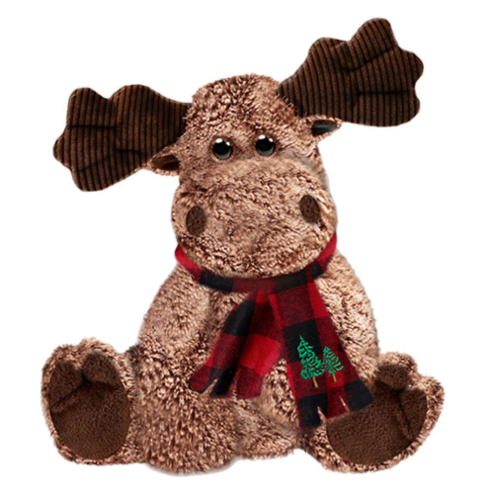 Tan plush moose with brown corduroy ears, blue eyes, and red plaid scarf with green tree design