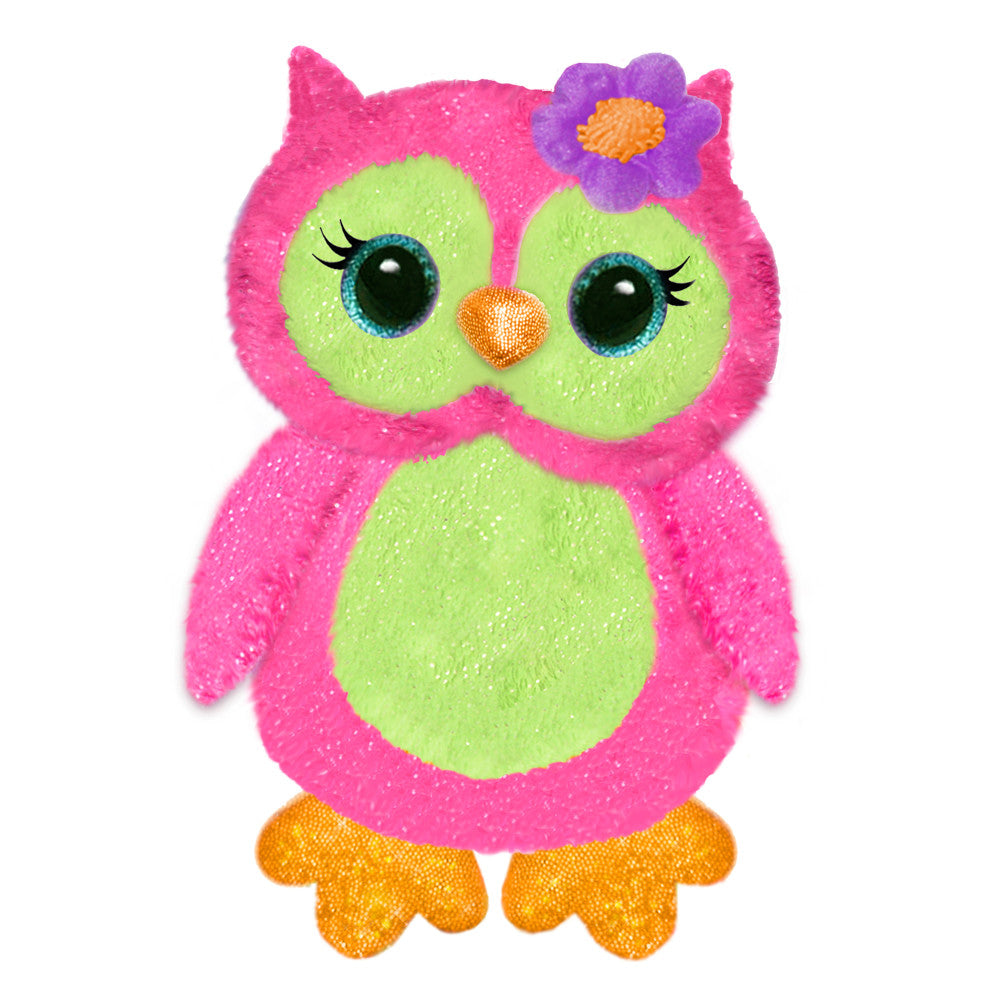 Plush owl with hot pink body, lime green face and belly, large blue eyes with black pupils and lashes, orange beak, purple flower on head, and orange feet