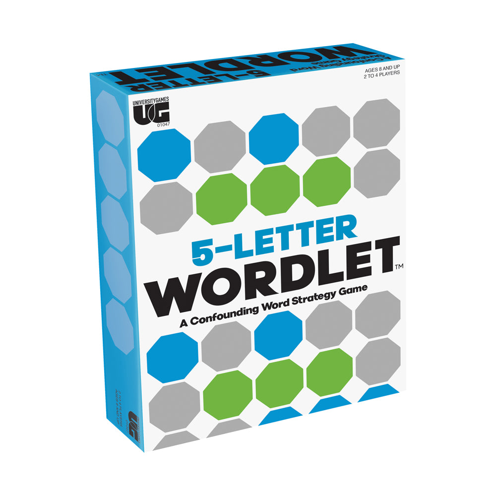 5-Letter Wordlet board game box featuring blue, green, and gray hexagonal tiles, for ages 8 and up, 2 to 4 players
