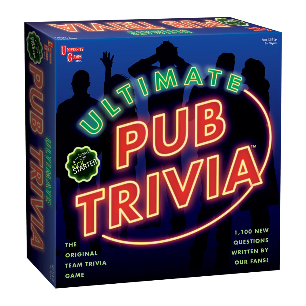 Ultimate Pub Trivia board game box with neon lettering on dark blue background, silhouettes of players, and 1,100 new fan-written questions