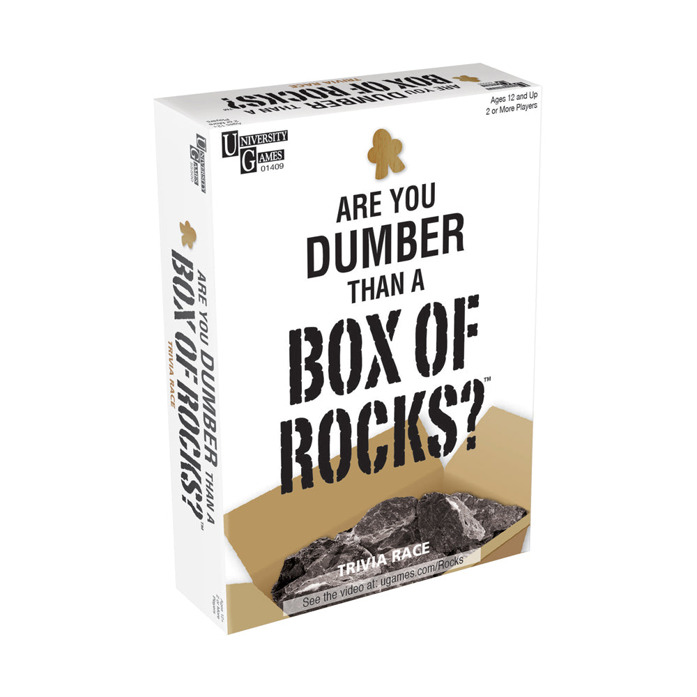 Are You Dumber than a Box of Rocks? board game box with meeple and rocks visible in cardboard tray