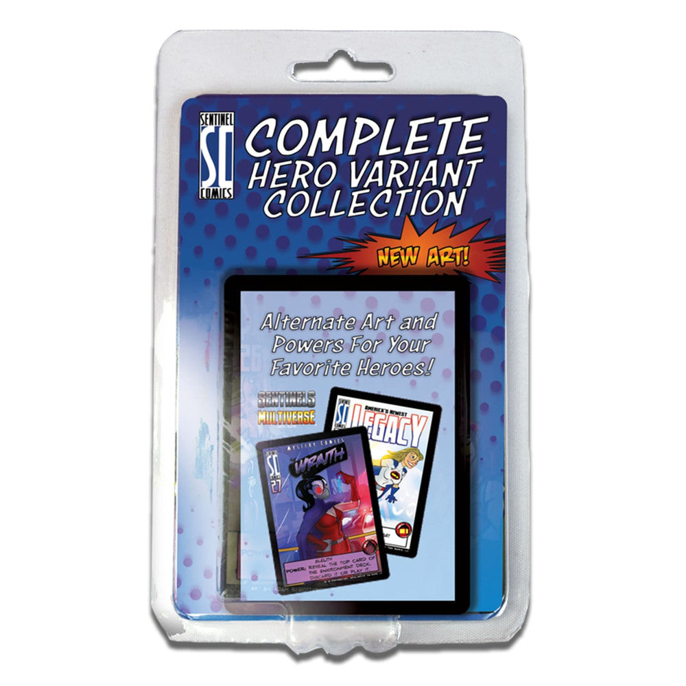 Sentinels of the Multiverse Complete Hero Variant Collection card game packaging with blue box showing sample cards and "New Art" callout