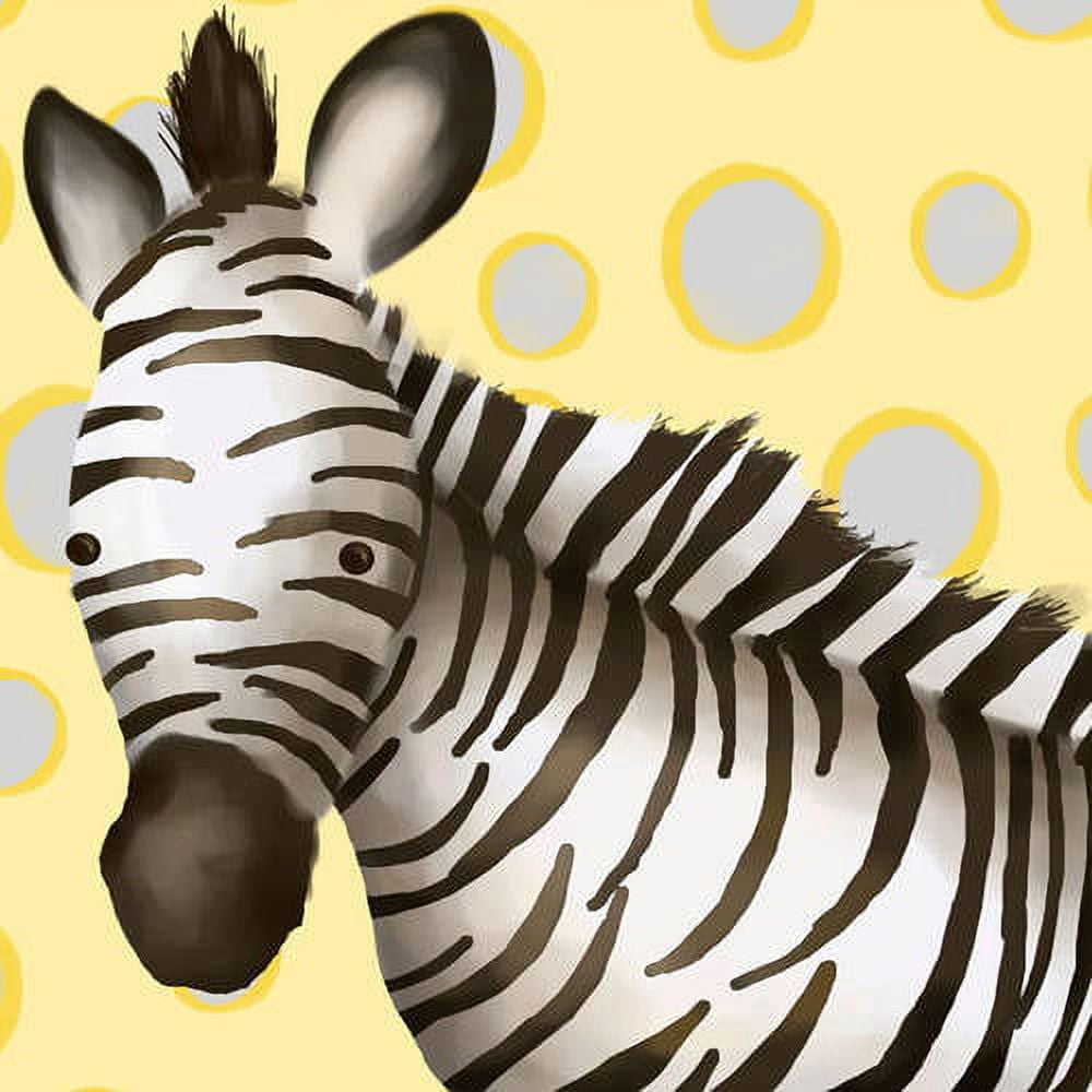 Illustrated zebra head with black and white stripes on yellow background with circular pattern