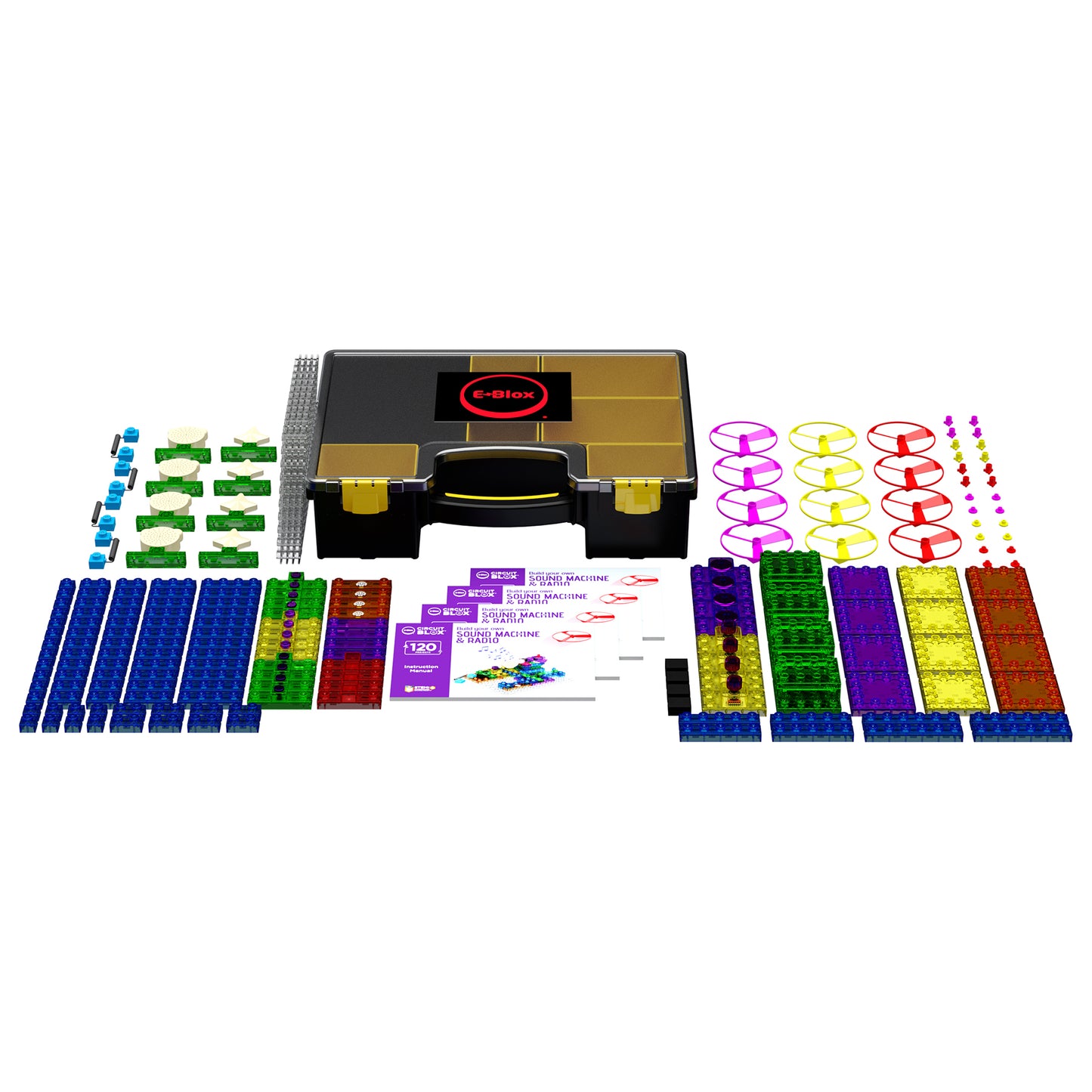 E-Blox Circuit Blox 120 STEM building set with black and gold carrying case, colorful interlocking blocks in blue, green, red, yellow, and purple, instruction m
