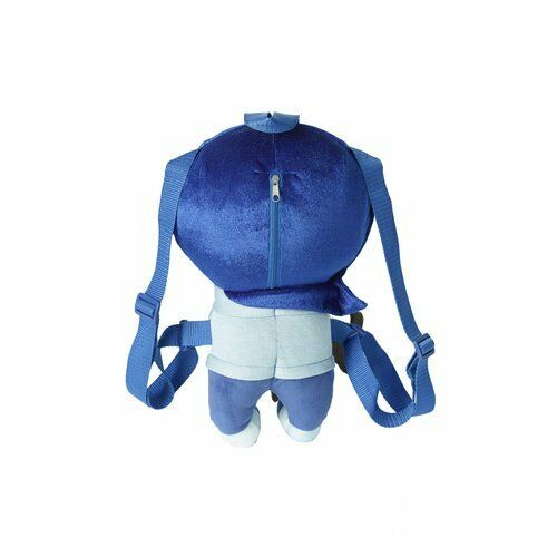 Sadness character plush backpack from Inside Out, blue and white with shoulder straps, shown flat against white background