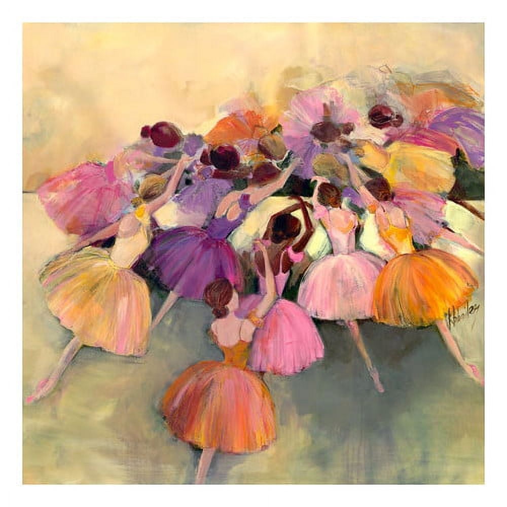 Whimsical illustration of colorful ballerina fairies with flower-petal skirts in pink, purple, orange, and yellow dancing together against a soft, dreamy backgr